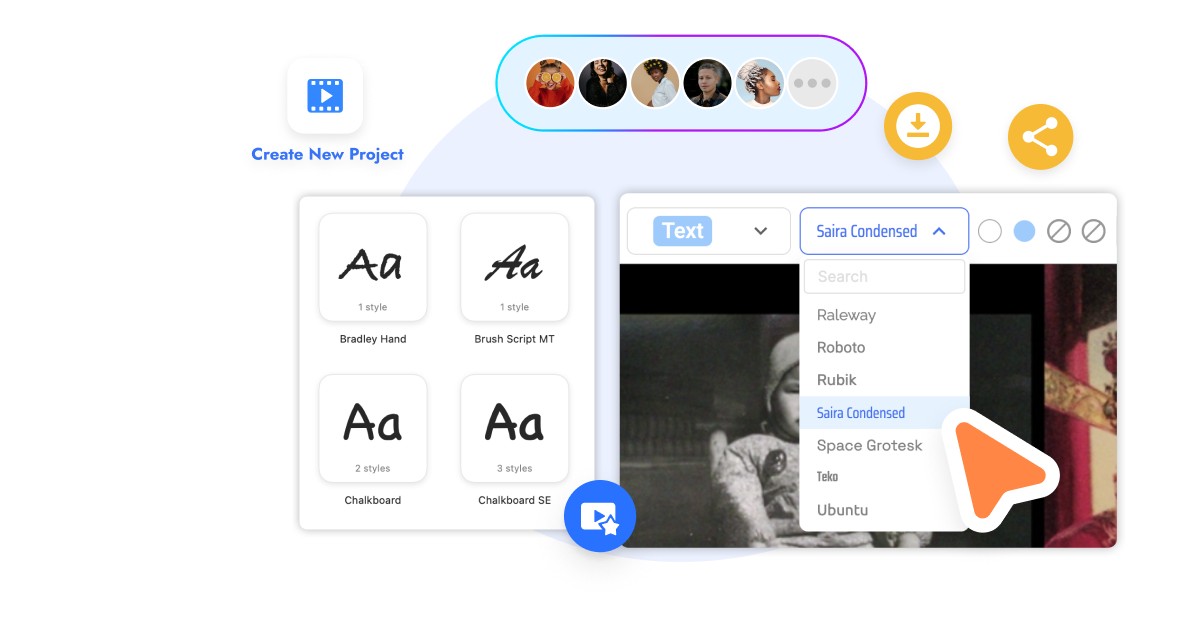Visla customer font video creator interface showing font selection, editing tools, and project collaboration features.